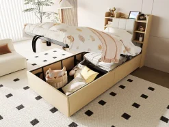 Redom Lit en bois 90 par 200 cm lit hydraulique tête avec rangement ports USB et type C lit simple couleur bois sans matelas Clearance