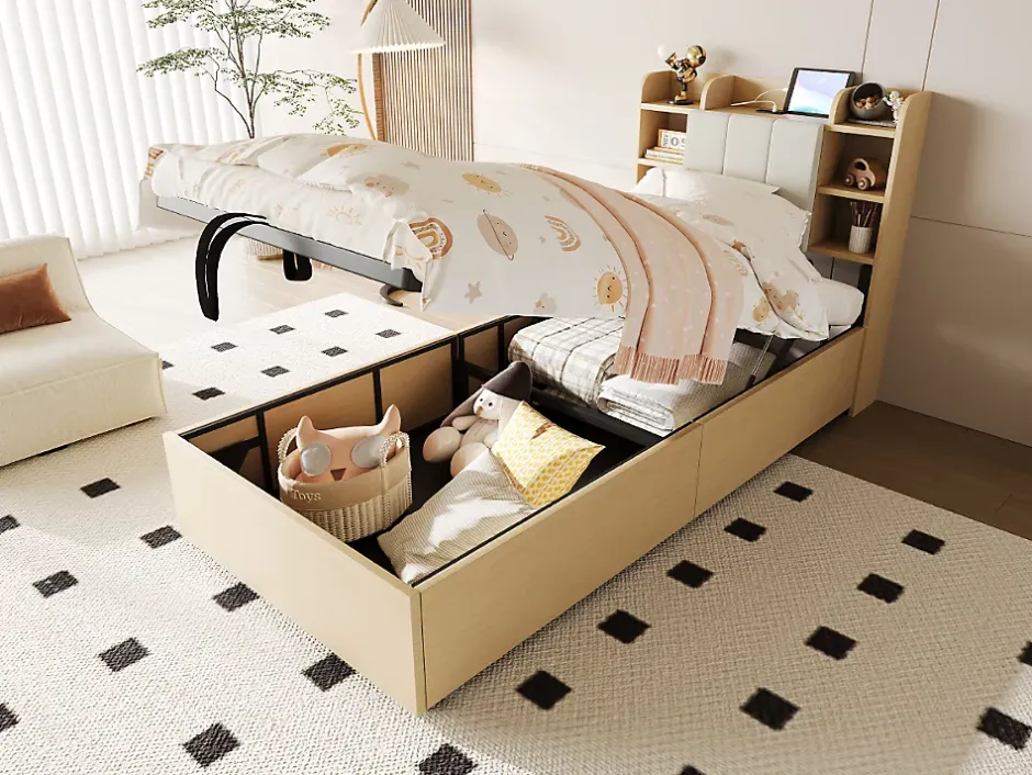Redom Lit en bois 90 par 200 cm lit hydraulique tête avec rangement ports USB et type C lit simple couleur bois sans matelas Clearance