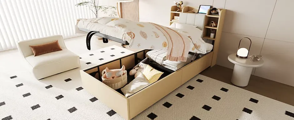 Redom Lit en bois 90 par 200 cm lit hydraulique tête avec rangement ports USB et type C lit simple couleur bois sans matelas Clearance