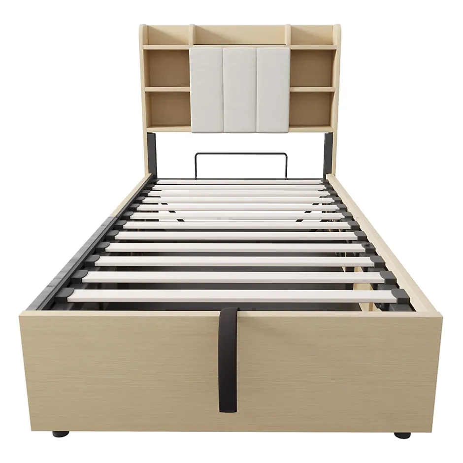 Redom Lit en bois 90 par 200 cm lit hydraulique tête avec rangement ports USB et type C lit simple couleur bois sans matelas Clearance