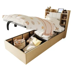 Redom Lit en bois 90 par 200 cm lit hydraulique tête avec rangement ports USB et type C lit simple couleur bois sans matelas Clearance