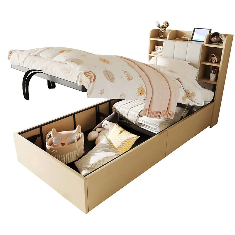 Redom Lit en bois 90 par 200 cm lit hydraulique tête avec rangement ports USB et type C lit simple couleur bois sans matelas Clearance