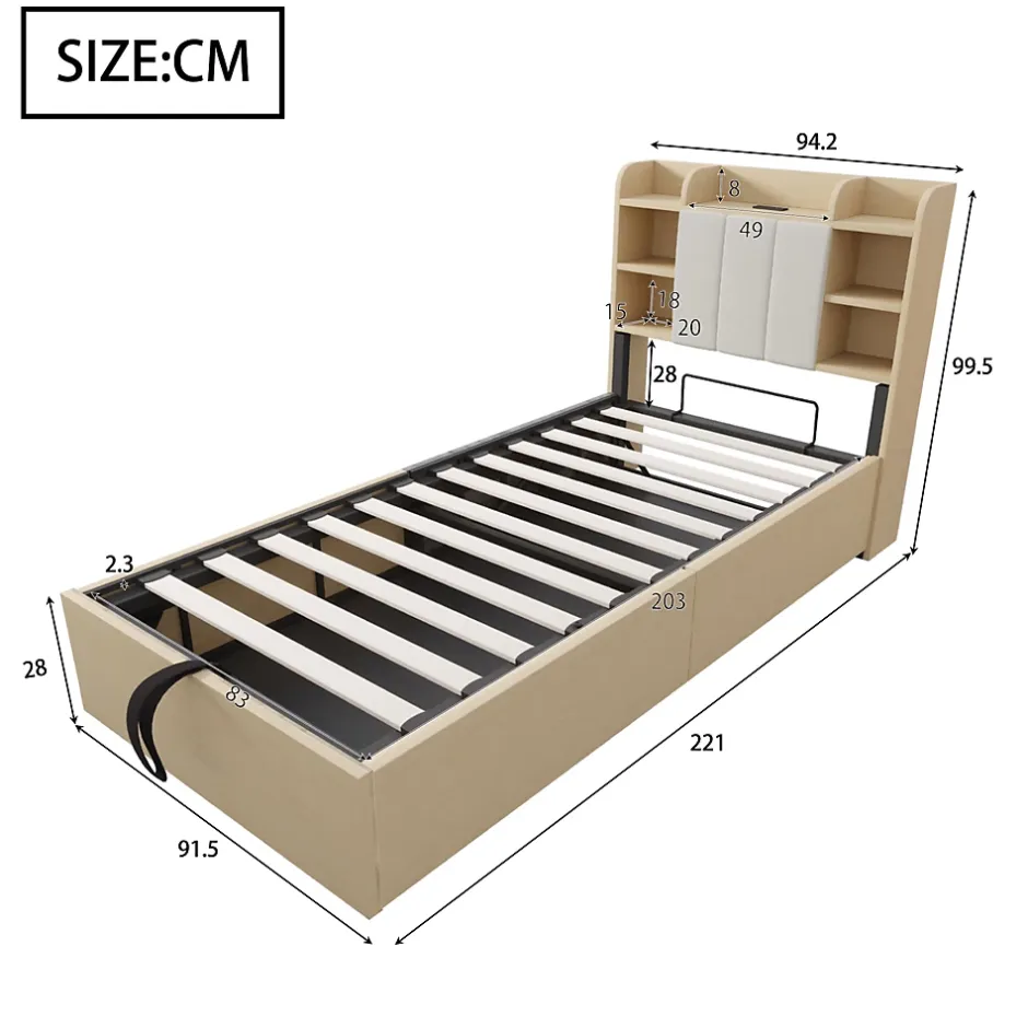 Redom Lit en bois 90 par 200 cm lit hydraulique tête avec rangement ports USB et type C lit simple couleur bois sans matelas Clearance