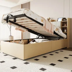 Redom Lit en bois 90 par 200 cm lit hydraulique tête avec rangement ports USB et type C lit simple couleur bois sans matelas Clearance