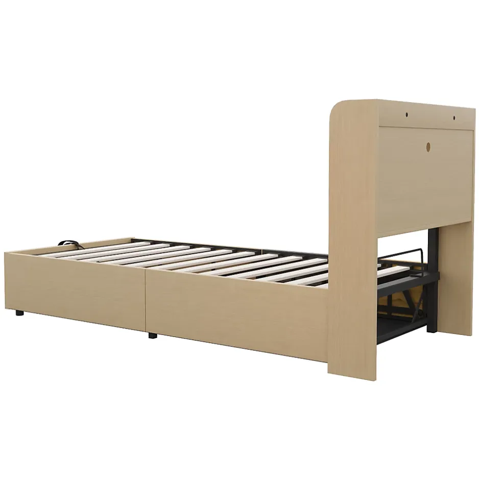 Redom Lit en bois 90 par 200 cm lit hydraulique tête avec rangement ports USB et type C lit simple couleur bois sans matelas Clearance