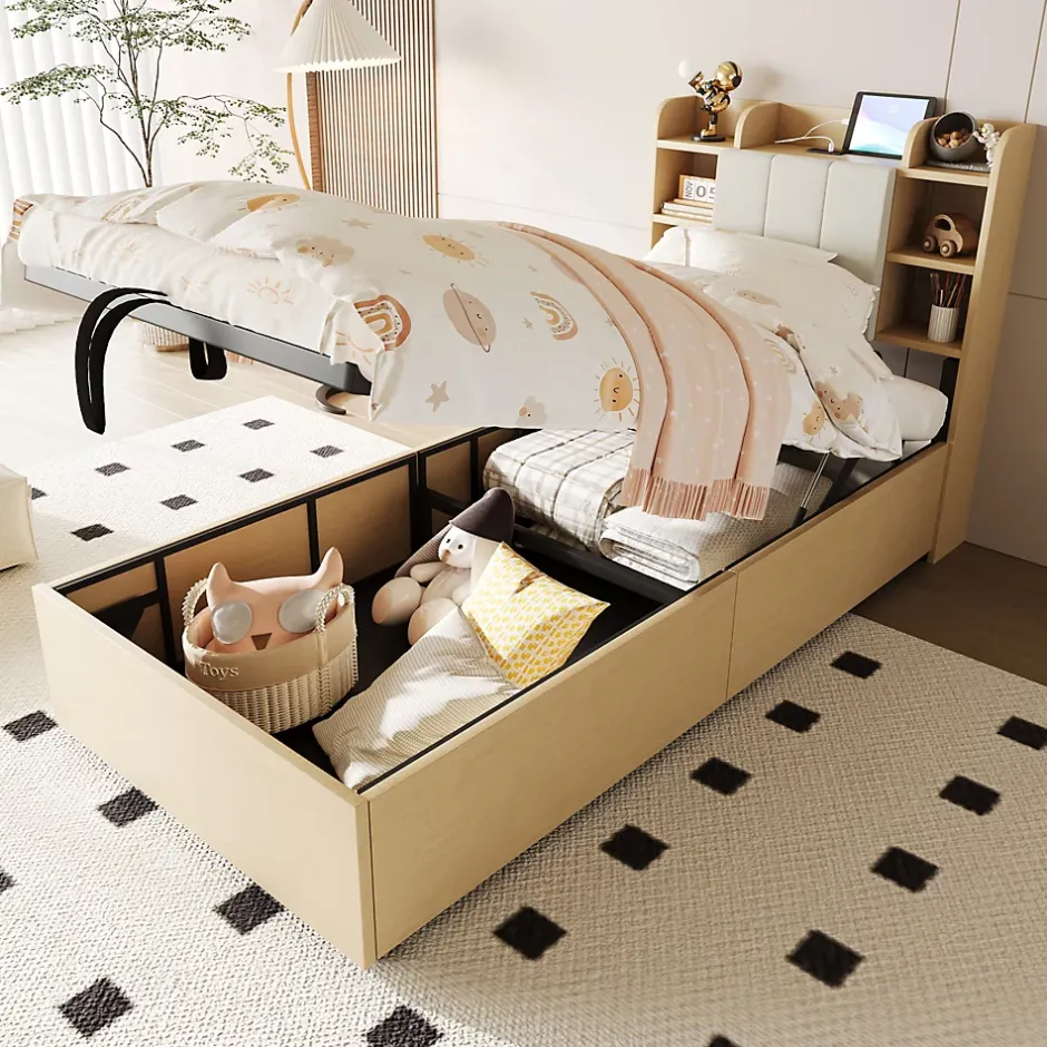 Redom Lit en bois 90 par 200 cm lit hydraulique tête avec rangement ports USB et type C lit simple couleur bois sans matelas Clearance