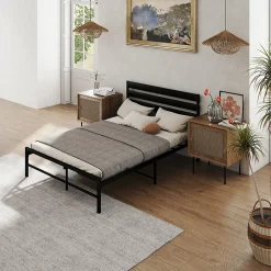 Okwish Lit en Métal Noir 140x200 cm - Lit Robuste et Moderne pour Chambre Ado - Sans Matelas - Cadre Métal