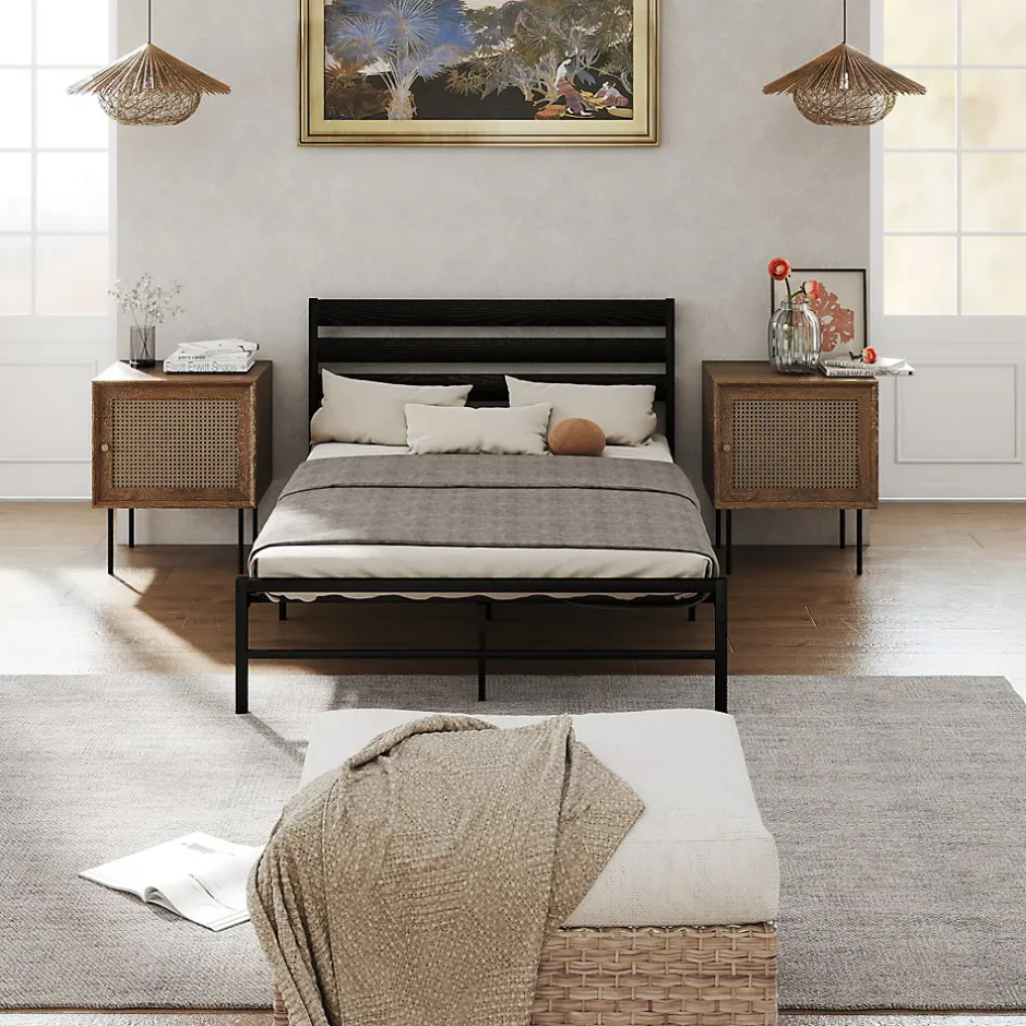 Okwish Lit en Métal Noir 140x200 cm - Lit Robuste et Moderne pour Chambre Ado - Sans Matelas - Cadre Métal