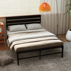 Okwish Lit en Métal Noir 140x200 cm - Lit Robuste et Moderne pour Chambre Ado - Sans Matelas - Cadre Métal