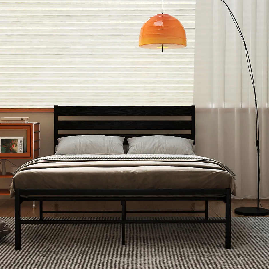 Okwish Lit en Métal Noir 140x200 cm - Lit Robuste et Moderne pour Chambre Ado - Sans Matelas - Cadre Métal