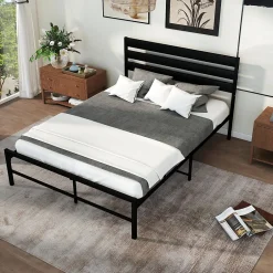 Okwish Lit en Métal Noir 140x200 cm - Lit Robuste et Moderne pour Chambre Ado - Sans Matelas - Cadre Métal