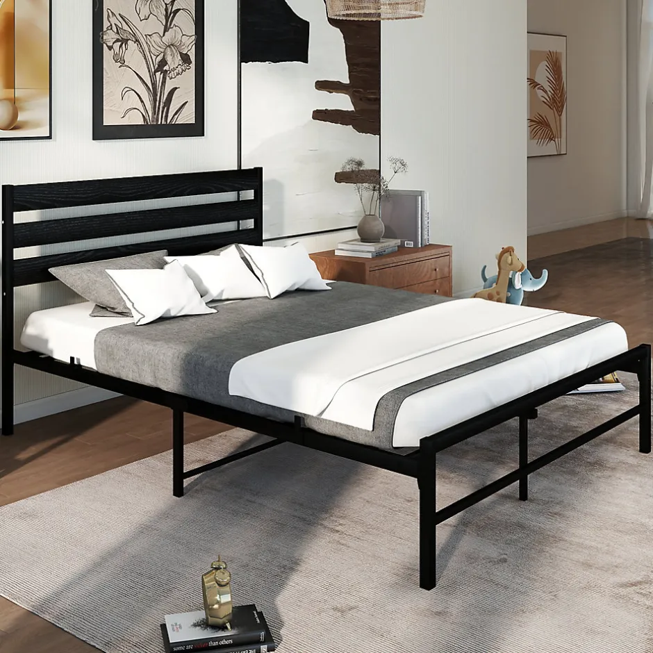 Okwish Lit en Métal Noir 140x200 cm - Lit Robuste et Moderne pour Chambre Ado - Sans Matelas - Cadre Métal