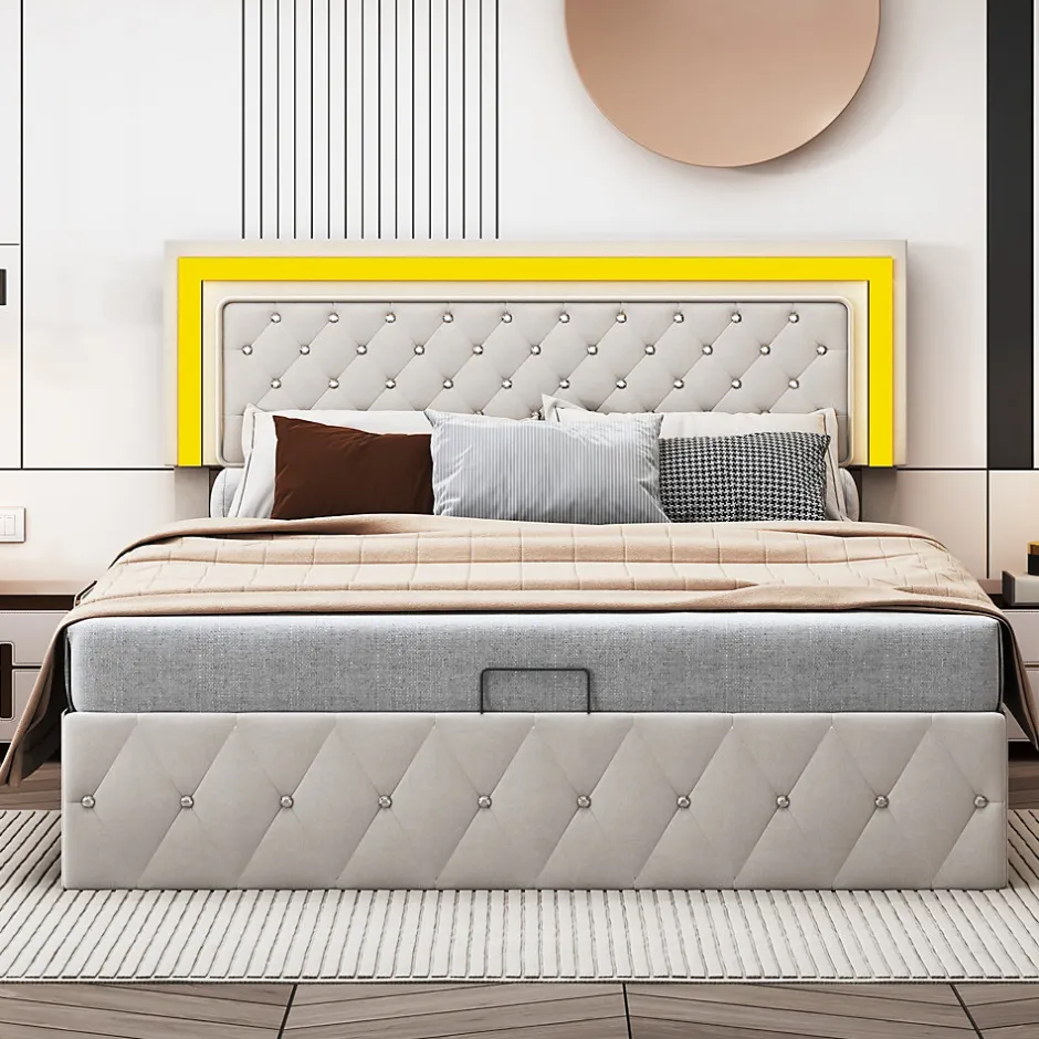 Simple Life Lit en velours 140x200 cm avec rangements - Avec LED et sommier à lattes - Lit double avec rangements - Beige