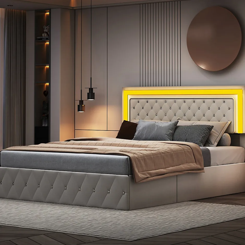 Simple Life Lit en velours 140x200 cm avec rangements - Avec LED et sommier à lattes - Lit double avec rangements - Beige