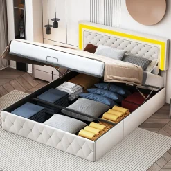 Simple Life Lit en velours 140x200 cm avec rangements - Avec LED et sommier à lattes - Lit double avec rangements - Beige