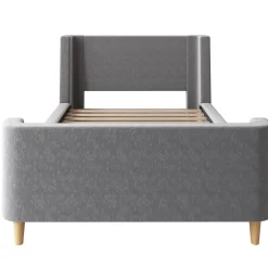 Generique Lit Enfant - Lit Simple avec Design Traîneau et Revêtement Velours Motif Espace - Structure Métal et Bois Gris - 90 x 200 cm Clearance
