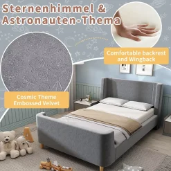Generique Lit Enfant - Lit Simple avec Design Traîneau et Revêtement Velours Motif Espace - Structure Métal et Bois Gris - 90 x 200 cm Clearance