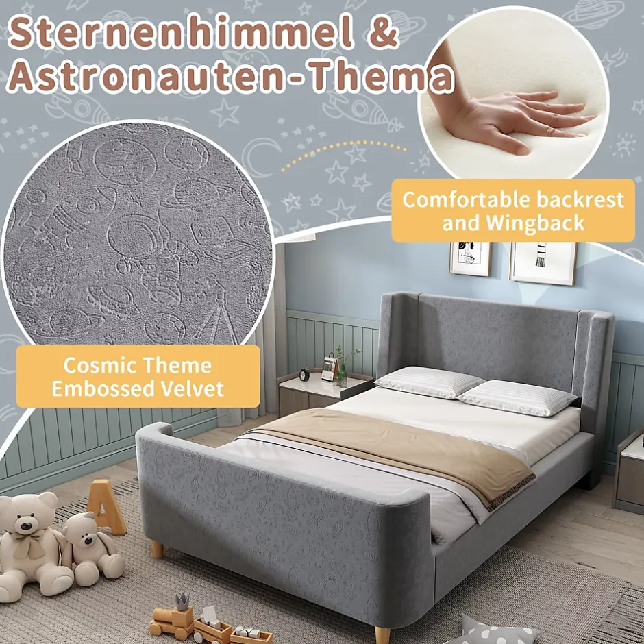 Generique Lit Enfant - Lit Simple avec Design Traîneau et Revêtement Velours Motif Espace - Structure Métal et Bois Gris - 90 x 200 cm Clearance