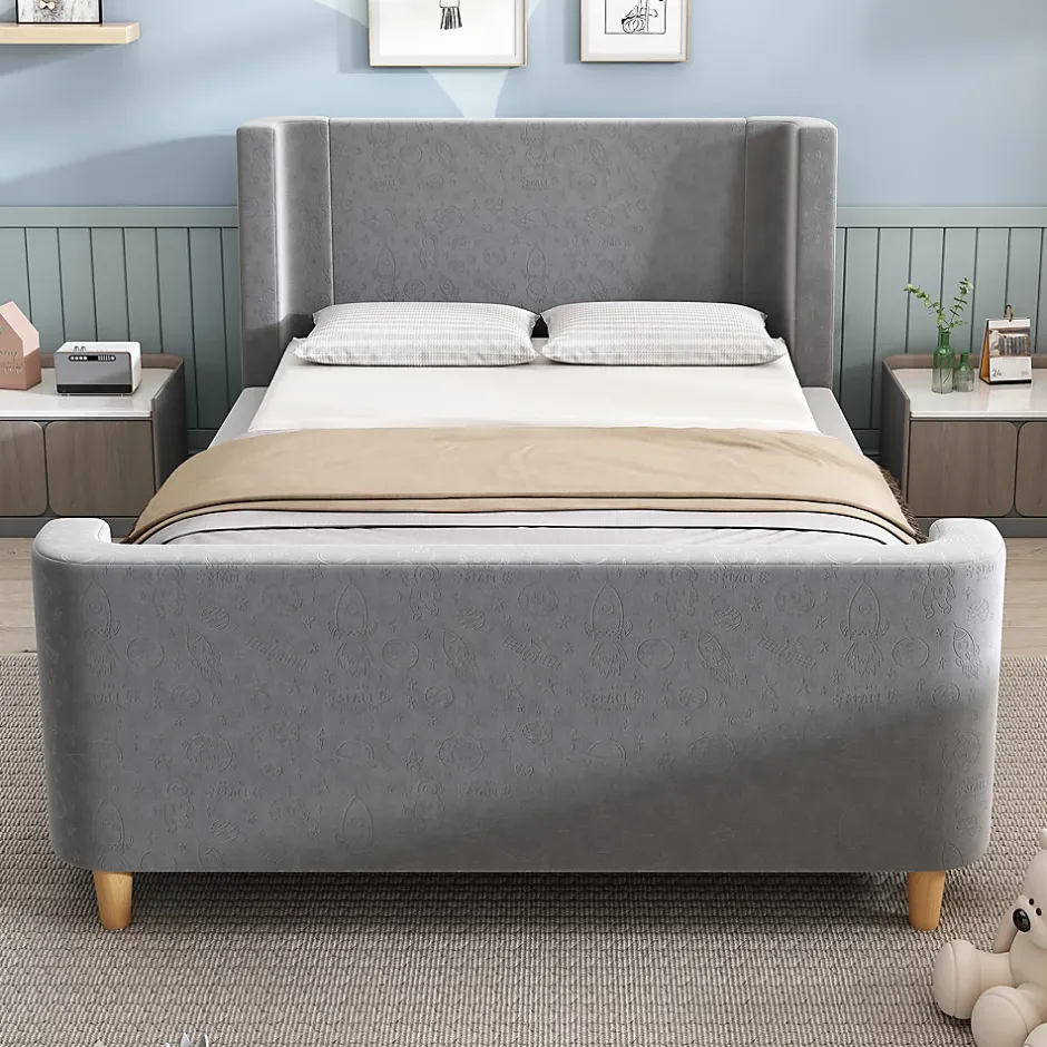 Generique Lit Enfant - Lit Simple avec Design Traîneau et Revêtement Velours Motif Espace - Structure Métal et Bois Gris - 90 x 200 cm Clearance