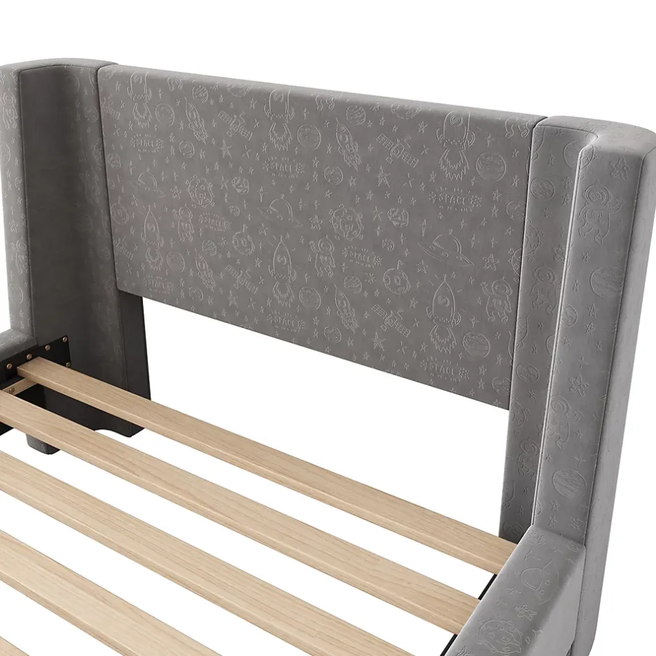 Generique Lit Enfant - Lit Simple avec Design Traîneau et Revêtement Velours Motif Espace - Structure Métal et Bois Gris - 90 x 200 cm Clearance