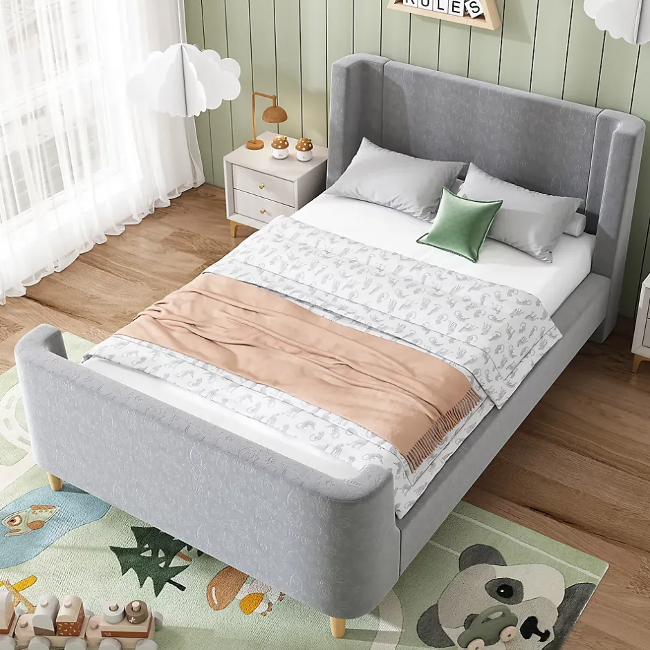 Generique Lit Enfant - Lit Simple avec Design Traîneau et Revêtement Velours Motif Espace - Structure Métal et Bois Gris - 90 x 200 cm Clearance