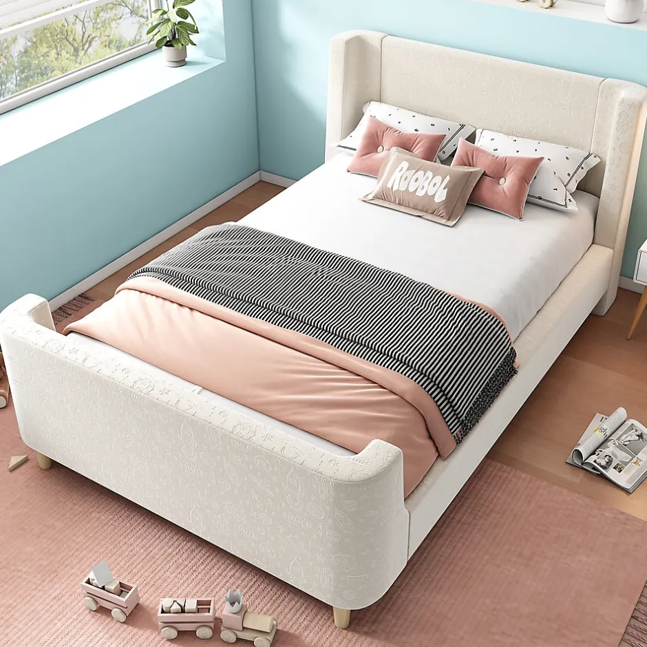 Generique Lit Enfant - Lit Simple avec Design Traîneau et Revêtement Velours Motif Espace - Structure Métal et Bois Beige - 90 x 200 cm