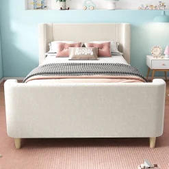 Generique Lit Enfant - Lit Simple avec Design Traîneau et Revêtement Velours Motif Espace - Structure Métal et Bois Beige - 90 x 200 cm