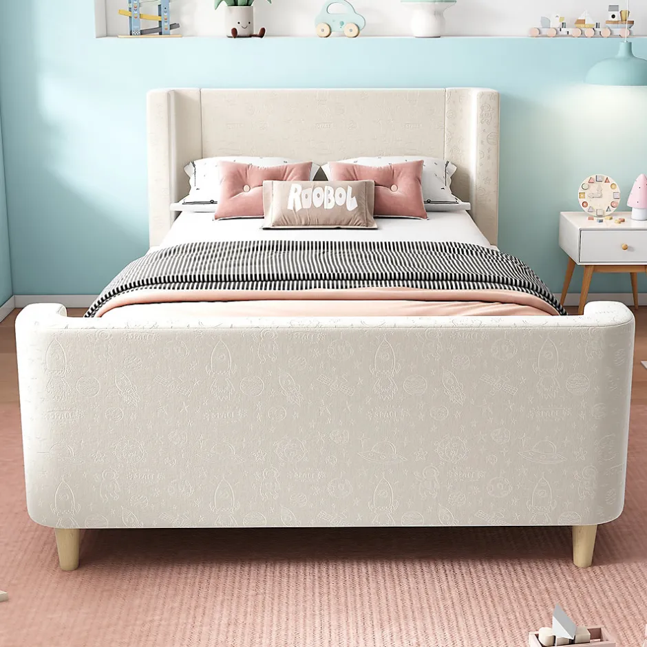 Generique Lit Enfant - Lit Simple avec Design Traîneau et Revêtement Velours Motif Espace - Structure Métal et Bois Beige - 90 x 200 cm