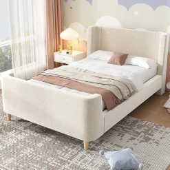 Generique Lit Enfant - Lit Simple avec Design Traîneau et Revêtement Velours Motif Espace - Structure Métal et Bois Beige - 90 x 200 cm