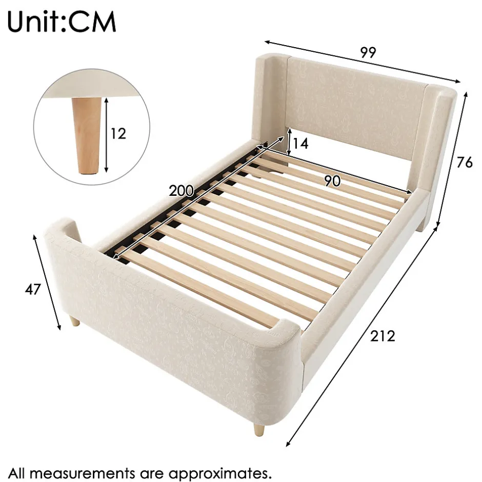 Generique Lit Enfant - Lit Simple avec Design Traîneau et Revêtement Velours Motif Espace - Structure Métal et Bois Beige - 90 x 200 cm