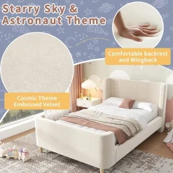 Generique Lit Enfant - Lit Simple avec Design Traîneau et Revêtement Velours Motif Espace - Structure Métal et Bois Beige - 90 x 200 cm