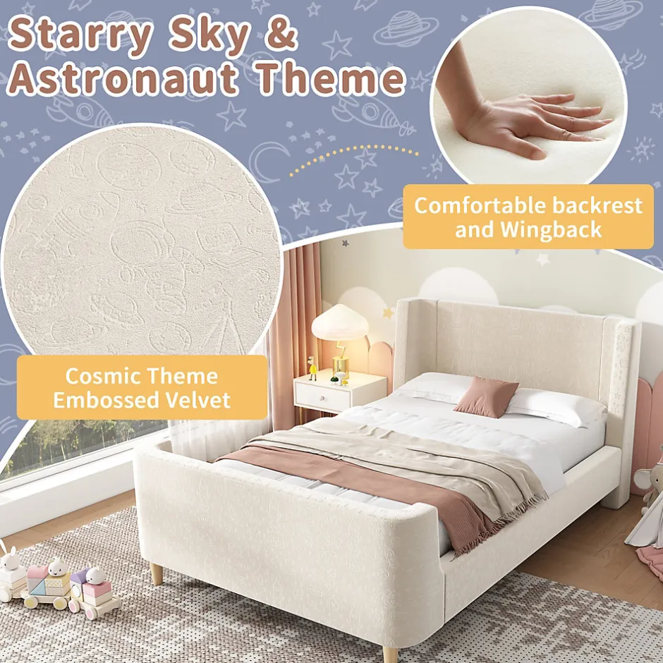 Generique Lit Enfant - Lit Simple avec Design Traîneau et Revêtement Velours Motif Espace - Structure Métal et Bois Beige - 90 x 200 cm
