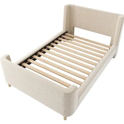 Generique Lit Enfant - Lit Simple avec Design Traîneau et Revêtement Velours Motif Espace - Structure Métal et Bois Beige - 90 x 200 cm
