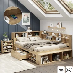 ModernLuxe Lit enfant 140 x 200 cm - avec 1 tiroir - avec bibliothèque et rangement - sommier à lattes - naturel (matelas non inclus)