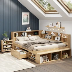 ModernLuxe Lit enfant 140 x 200 cm - avec 1 tiroir - avec bibliothèque et rangement - sommier à lattes - naturel (matelas non inclus)