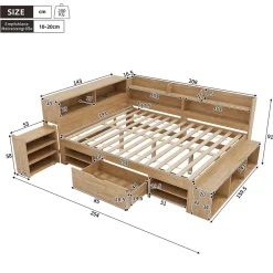 ModernLuxe Lit enfant 140 x 200 cm - avec 1 tiroir - avec bibliothèque et rangement - sommier à lattes - naturel (matelas non inclus)