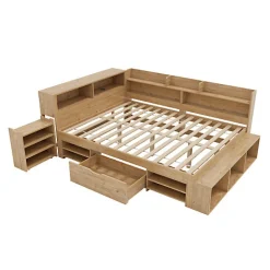 ModernLuxe Lit enfant 140 x 200 cm - avec 1 tiroir - avec bibliothèque et rangement - sommier à lattes - naturel (matelas non inclus)