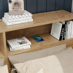 ModernLuxe Lit enfant 140 x 200 cm - avec 1 tiroir - avec bibliothèque et rangement - sommier à lattes - naturel (matelas non inclus)