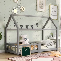 Enfant Okwish Lit enfant 90 x 200 cm - Lit Cabane avec Tablette et Tableau - Bois de Pin - Sans Matelas - Gris