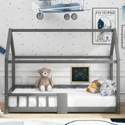 Enfant Okwish Lit enfant 90 x 200 cm - Lit Cabane avec Tablette et Tableau - Bois de Pin - Sans Matelas - Gris