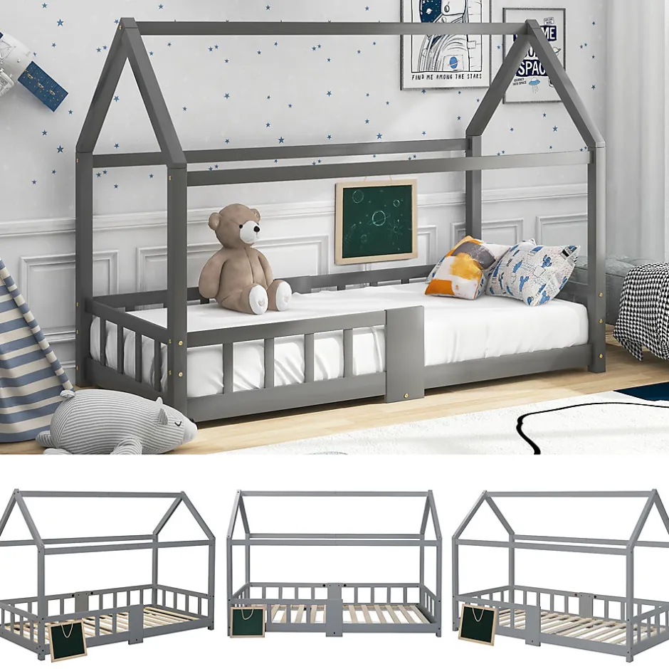 Enfant Okwish Lit enfant 90 x 200 cm - Lit Cabane avec Tablette et Tableau - Bois de Pin - Sans Matelas - Gris