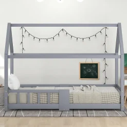 Enfant Okwish Lit enfant 90 x 200 cm - Lit Cabane avec Tablette et Tableau - Bois de Pin - Sans Matelas - Gris