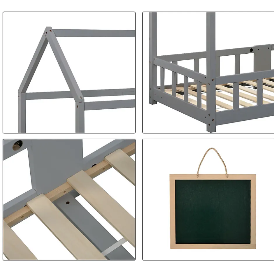 Enfant Okwish Lit enfant 90 x 200 cm - Lit Cabane avec Tablette et Tableau - Bois de Pin - Sans Matelas - Gris