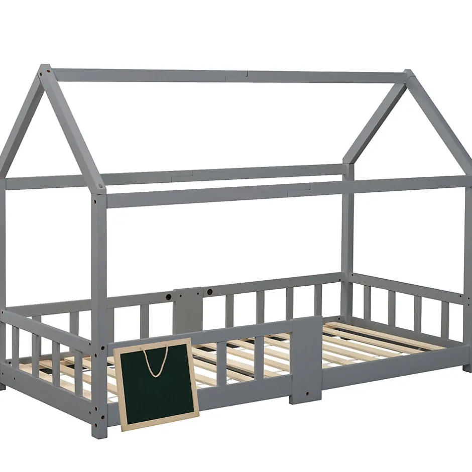 Enfant Okwish Lit enfant 90 x 200 cm - Lit Cabane avec Tablette et Tableau - Bois de Pin - Sans Matelas - Gris