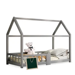 Enfant Okwish Lit enfant 90 x 200 cm - Lit Cabane avec Tablette et Tableau - Bois de Pin - Sans Matelas - Gris