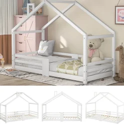 Okwish Lit enfant 90 x 200 cm - Lit Cabane avec Cheminée Antichute - Bois de Pin - Sans Matelas - Blanc Best