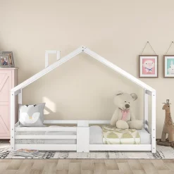 Okwish Lit enfant 90 x 200 cm - Lit Cabane avec Cheminée Antichute - Bois de Pin - Sans Matelas - Blanc Best