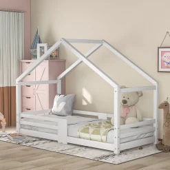 Okwish Lit enfant 90 x 200 cm - Lit Cabane avec Cheminée Antichute - Bois de Pin - Sans Matelas - Blanc Best