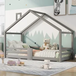 Enfant Okwish Lit enfant 90 x 200 cm - Lit Cabane avec Cheminée Antichute - Bois de Pin - Sans Matelas - Gris