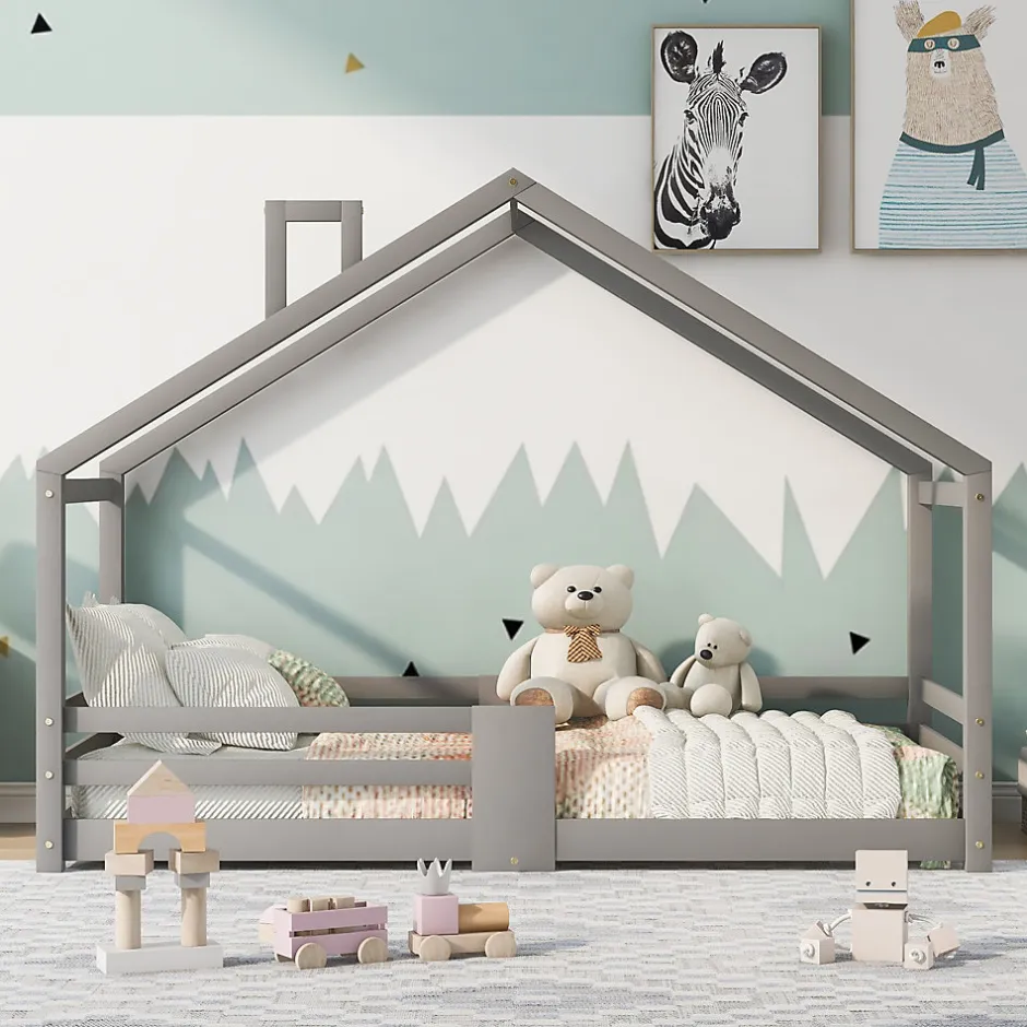 Enfant Okwish Lit enfant 90 x 200 cm - Lit Cabane avec Cheminée Antichute - Bois de Pin - Sans Matelas - Gris
